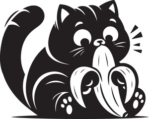 Vector illustration of The Funny Cat is eating a banana silhouette on white background