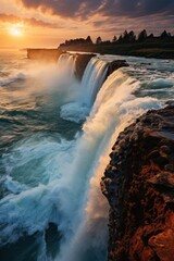 Obraz premium A stunning waterfall plunges into the ocean at sunset