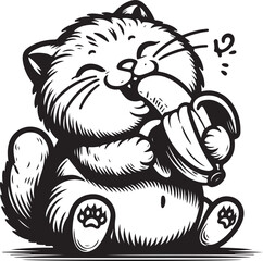 Vector illustration of The Funny Cat is eating a banana silhouette on white background