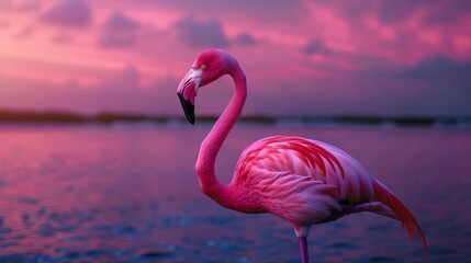A single flamingo stands in the water with a pink sunset behind it.