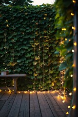 String fairy lights, ivy-covered wall, wooden deck, late evening . Lighted lanterns in the garden with green ivy background.