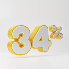 White thirty four percent or 34 % with gold outline isolated over white background. 3D rendering.