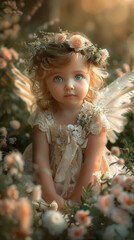 a baby angel sits surrounded by blooming flowers and verdant greenery. The baby, dressed in a soft, white, lace-trimmed gown with delicate wings