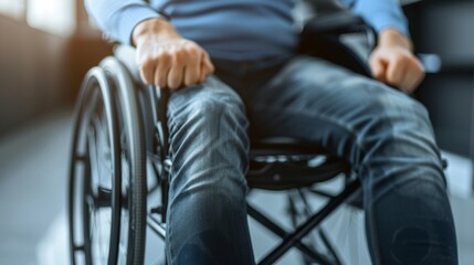 Obraz premium Close-up of disabled man sitting on wheelchair in the street 
