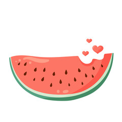 Watermelon slice with vibrant green rind and red flesh with black seeds and small hearts. Flat vector illustration for postcard, greeting card, invitation, seasonal print, poster.