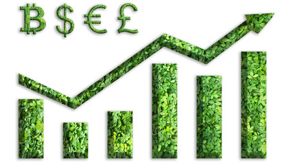 currency arrow chart, bitcoin, dollar, euro, pound sterling, made from green grass or leaves isolated on transparent background, go green concept, PNG	