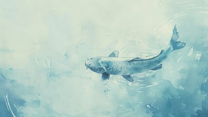 Watercolor Illustration of Solo Koi. A lone koi fish swimming gracefully in a soft blue pond.