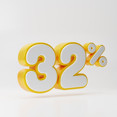 White thirty two percent or 32 % with gold outline isolated over white background. 3D rendering.
