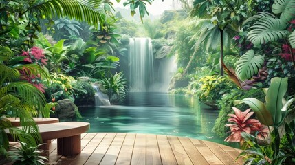 Serene tropical oasis with waterfall and foliage