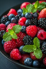  Plate with berries, raspberries, blackberries, blueberries. additional nutrition, healthy lifestyle, diets, variety of vegetables and fruits, organic nutrition