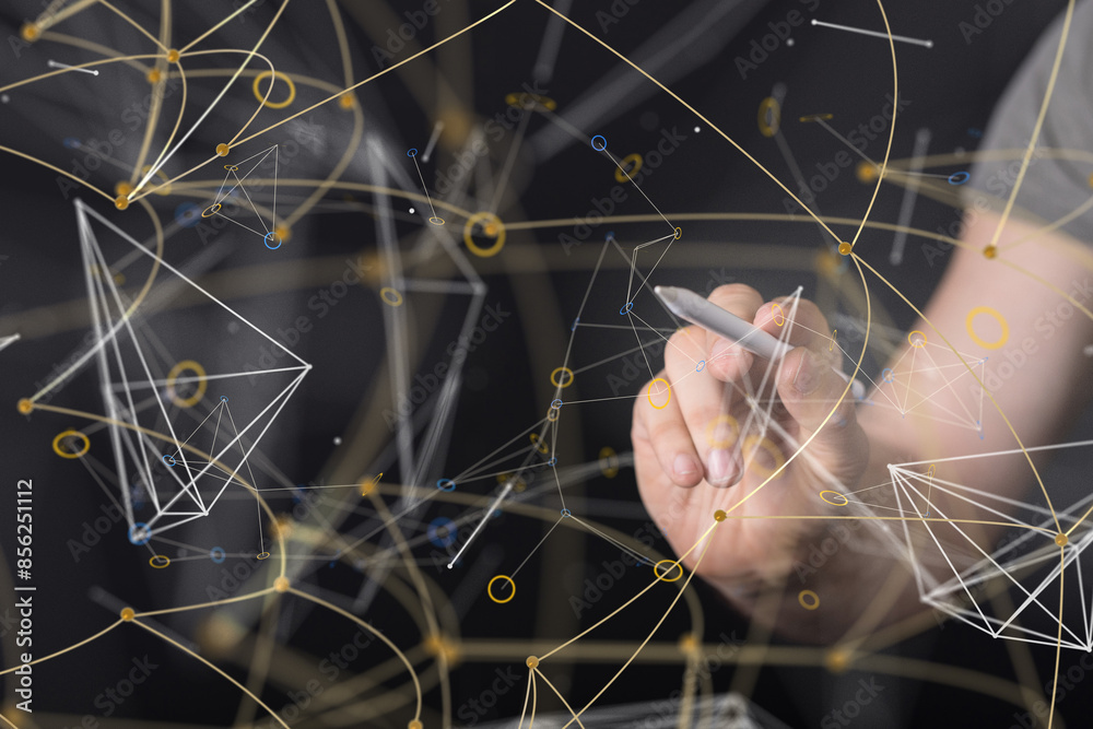 Poster Global network. Blockchain. 3D illustration. Neural networks and artificial intelligence. Abstract