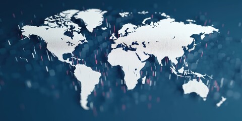 Digital world map with glowing cyber data points on dark blue background. Global connectivity and internet technology concept. Design for network, communication, technology innovation theme. AIG35.