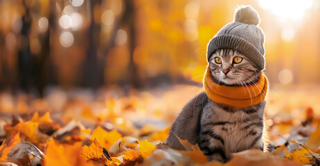 autumn banner with a stylish cat in a hat and scarf surrounded by fall foliage - great for marketing campaigns with text space