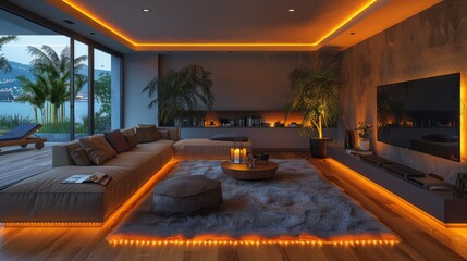Fototapeta premium Create a cozy yet contemporary living room retreat at night with a plush sofa, a big-screen TV, and LED strips