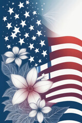Obraz premium Patriotic American Flag, stars, stripes and flowers digital background in watercolor style.