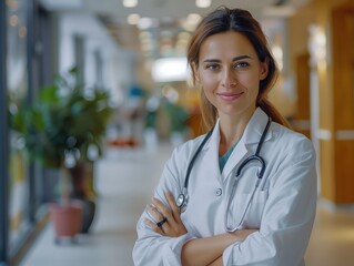 Profile photo of attractive family doctor patients consultation friendly smiling reliable virology clinic arms crossed wear white lab coat stethoscope in hospital interior. Copy space