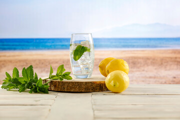 Lemon fruit and mint leaves, cold fresh drinks in summer season time.