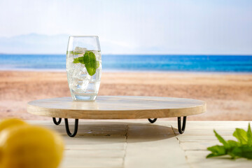 Lemon fruit and mint leaves, cold fresh drinks in summer season time.