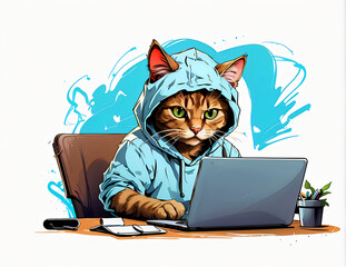 Cat in hoodie working on laptop illustration. Humorous and cute tabby cat dressed in a blue hoodie using a computer, perfect for tech and pet lovers.