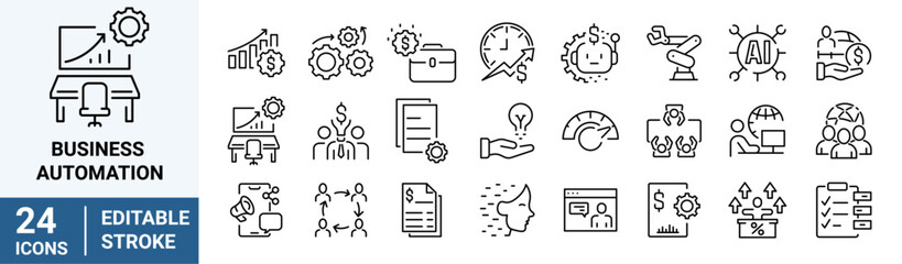 Business Automation line web icon set. Machine learning. Robotics, biometric, device, chip, robot, cloud computing and automation.