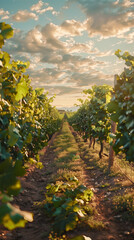 Fototapeta premium A picturesque vineyard with rows of grapevines under a partly cloudy sky, set against a backdrop of rolling hills.