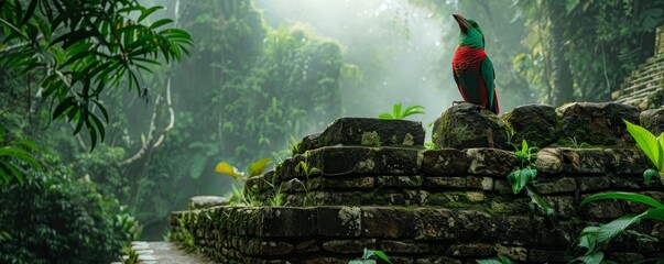 Enigmatic Quetzal perched on ancient ruins surrounded by verdant foliage in a tranquil yet enigmatic landscape.