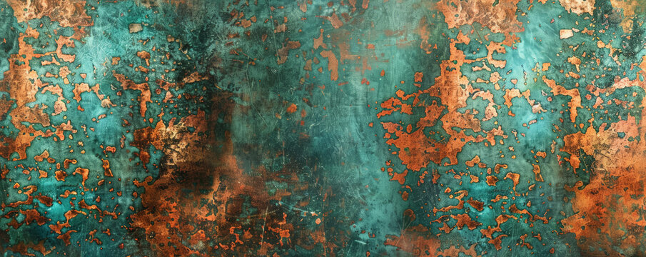 Metallic background with a distressed copper texture, featuring natural verdigris patina, evoking an antique, rustic aesthetic, ideal for historical or steampunk designs.