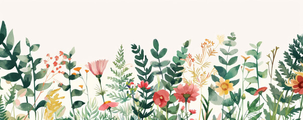 Mother's Day background with a botanical illustration of wildflowers and ferns.