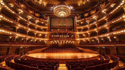 Obraz premium An empty theater stage with a large organ and a chandelier hanging above. The stage is surrounded by rows of red velvet seats, and the theater is decorated with ornate gold details.