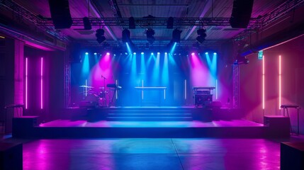 An empty stage illuminated by pink and blue lights, with a set of drums and a keyboard on each side.