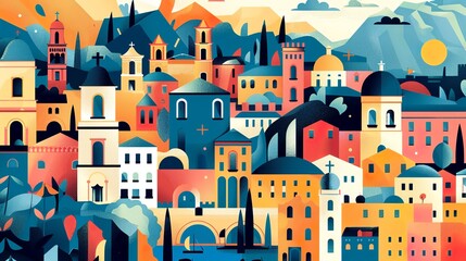 Colorful, flat illustration of various city elements, buildings, Norwegian folk art