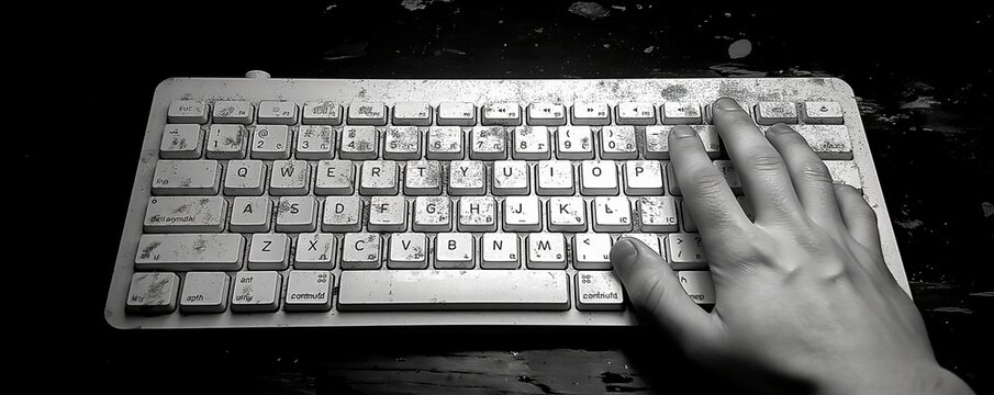 A black and white image capturing a hand on a filthy, old keyboard
