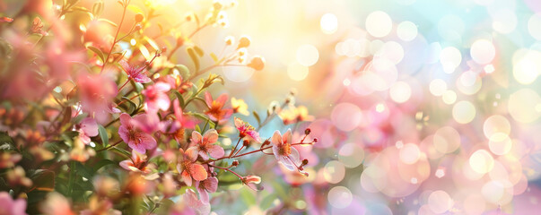 Fototapeta premium Mother's Day background with a soft, dreamy effect of flowers and light bokeh.