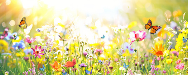Mother's Day background with a spring meadow full of colorful flowers and butterflies.