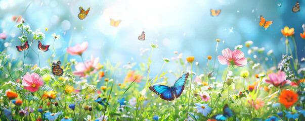 Mother's Day background with a spring meadow full of colorful flowers and butterflies.