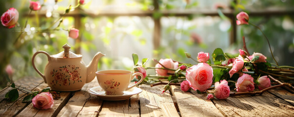 Mother's Day background with a tea set and fresh flowers on a rustic wooden table.