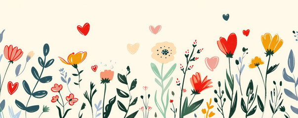 Mother's Day background with a whimsical, hand-drawn style featuring flowers and hearts.