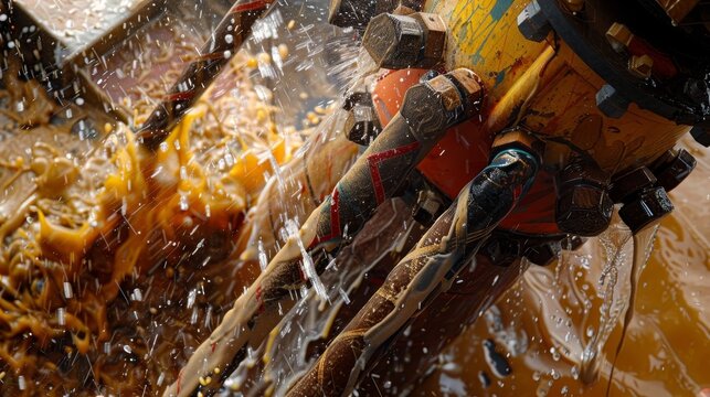 Mud pump in operation aboard semi-submersible rig, with drilling mud circulating through pipelines.