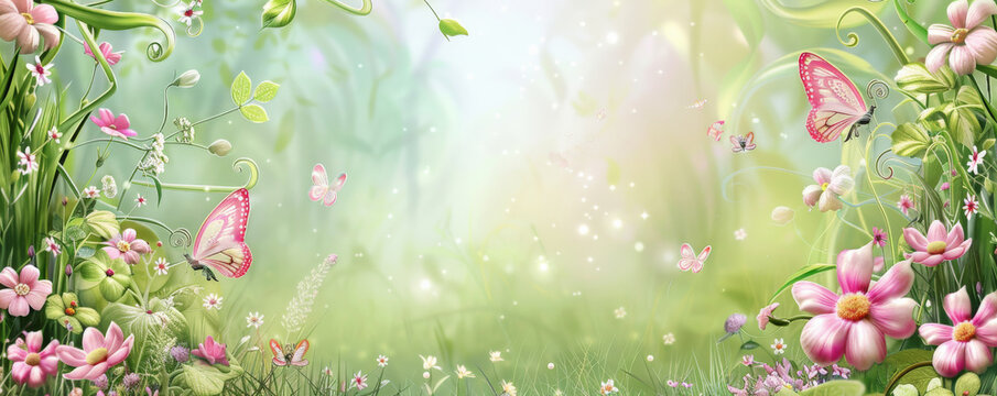 Mother's Day background with a whimsical garden scene with fairies and flowers.