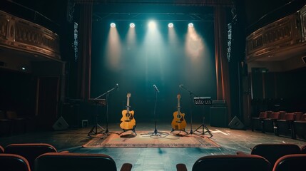A stage with two acoustic guitars and microphones set up in front of a dark curtain with spotlights illuminating the stage. There are empty seats in the audience area.