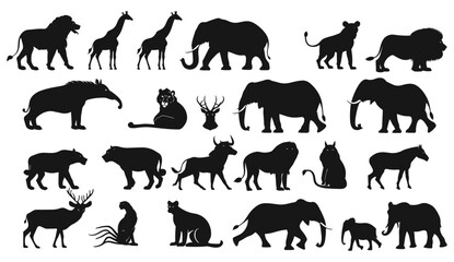 Vector illustration set of animals silhouette big set, silhouette tree line drawing set, side view, set of graphics trees elements outline symbol for architecture and landscape design drawing.