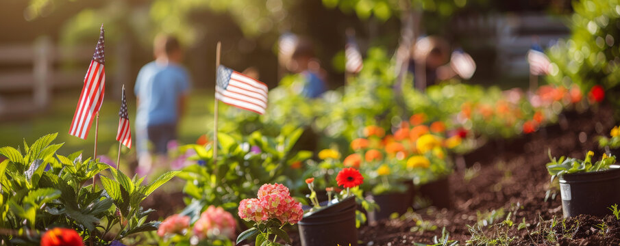 National Flag Day (USA) background featuring a community garden with American flags on display, children planting flowers, and a backdrop of vibrant blooms and greenery.