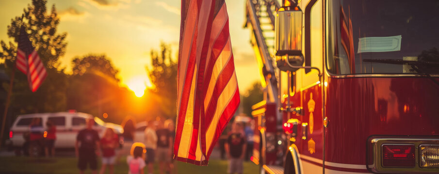 National Flag Day (USA) background featuring an American flag hanging from a fire truck ladder, with a backdrop of a community event, families, and a festive atmosphere.