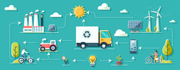 Illustrative infographic of recycling and renewable energy processes on a teal background. Vector illustration