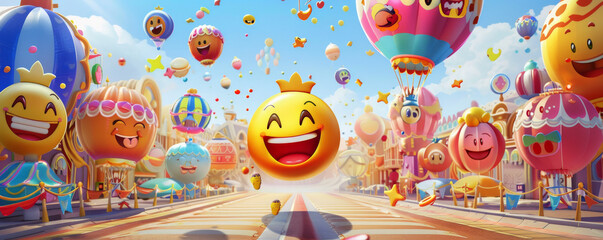 World Emoji Day background with a carnival parade scene featuring giant emoji balloons and floats.