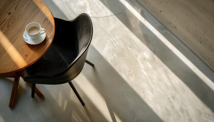 Minimalist Coffee Time: Sunlit Wooden Table with Black Chair in Modern Space
