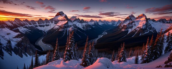 Snowy mountains with sunset in background. Extremely detailed and realistic high resolution illustraiton