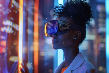 Obraz premium Woman holding an illuminated tube in a tech environment
