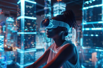 Obraz premium Individual with VR headset looking out