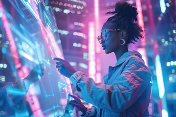 Woman with VR headset touches digital interface